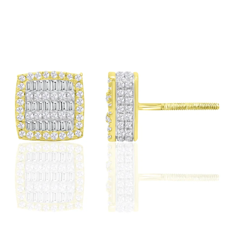 silver drop earrings for women-Diamond Baguette Square Stud Earrings (14K)