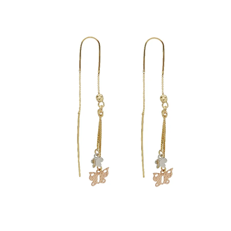 multi-color earrings for women-Tricolor Butterfly Dangling Earrings (14K)