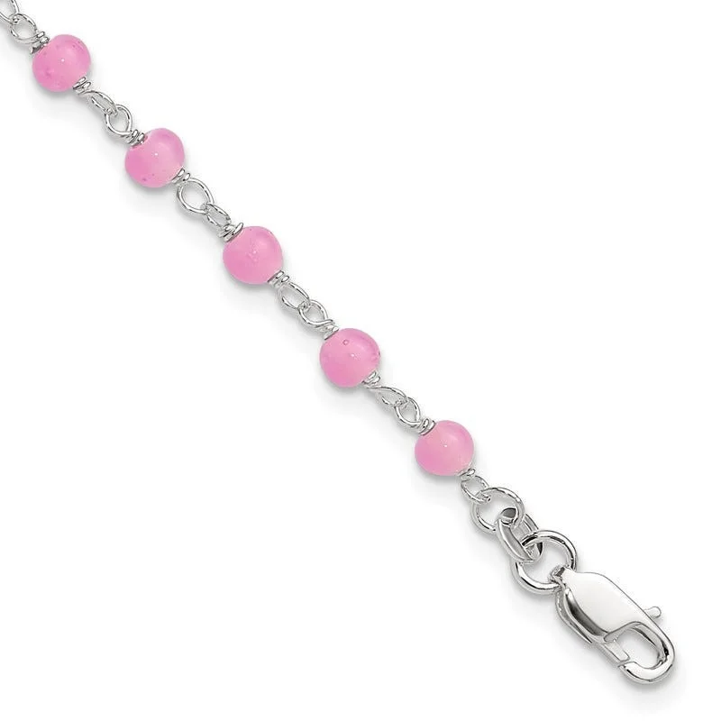 sterling silver anklets for women-Sterling Silver Pink Glass Bead with Heart 8in Plus 1in ext Anklet