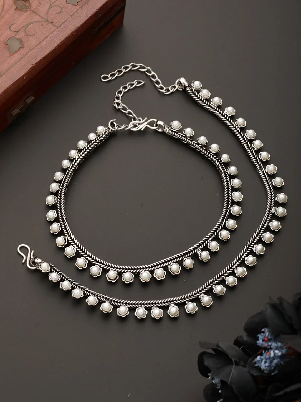 anklets for summer for women-Set Of 2 Silver-Plated & Handcrafted Pearl Anklets