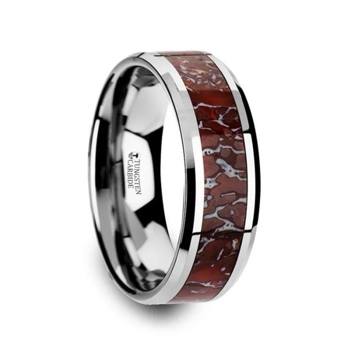 stacked engagement rings for women-JURASSIC Red Dinosaur Bone Inlaid Tungsten Carbide Beveled Edged Ring - 4mm & 8mm