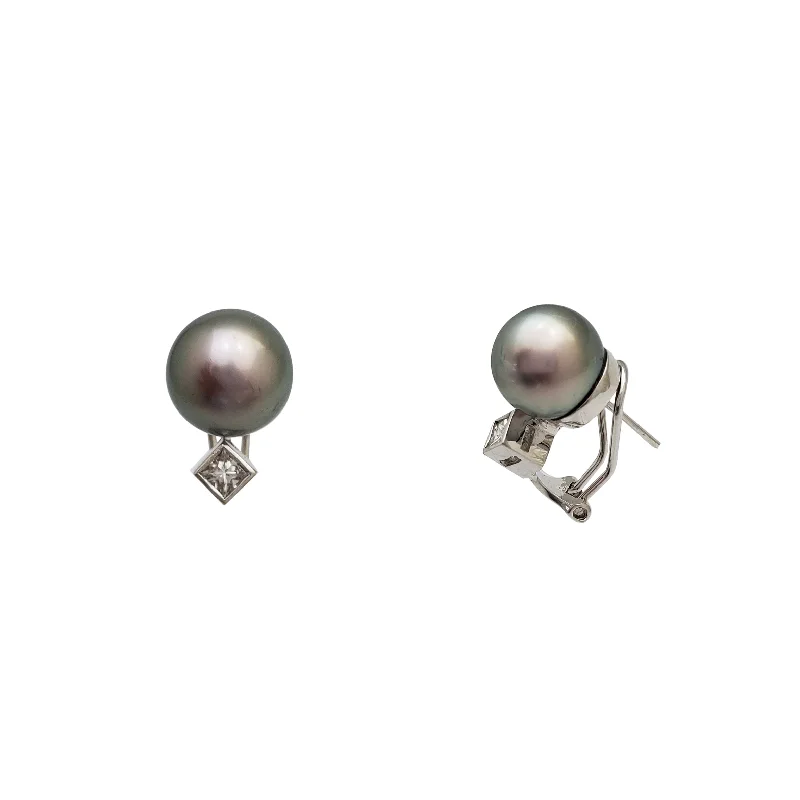 unique earrings for women-Princess Cut Diamond with Grey Pearl Earrings (18K)