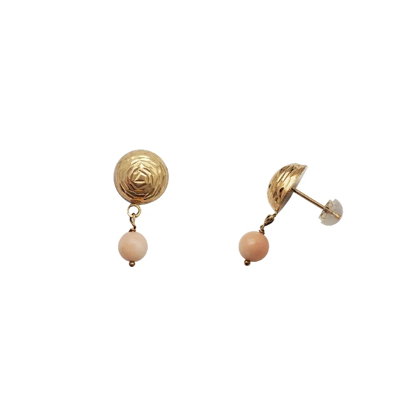 romantic earrings for women-Dangling Coral Bead Hammered Dome Stud Earrings (14K)