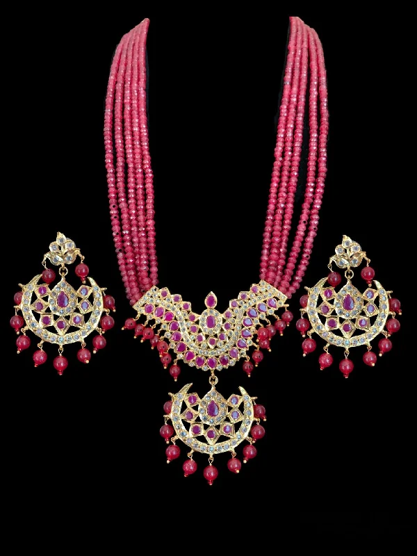 small earrings for women-LN47 Ramia Hyderabadi long ruby beaded rani haar with earrings ( READY TO SHIP )