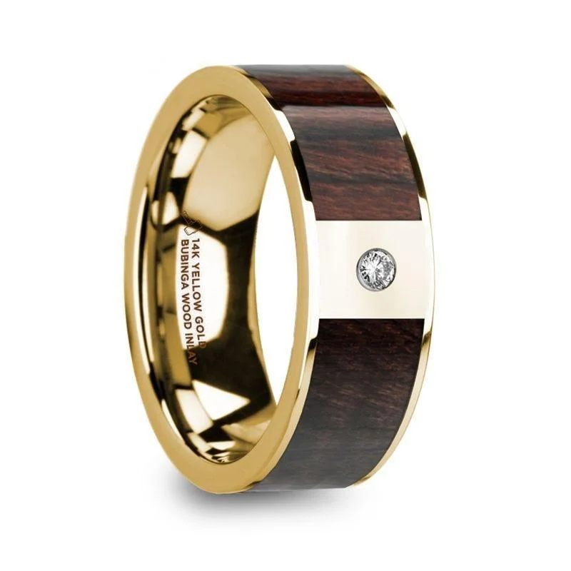 heirloom engagement rings for women-TARAS Bubinga Wood Inlaid 14k Yellow Gold Men’s Ring with Diamond Center & Polished Finish - 8mm