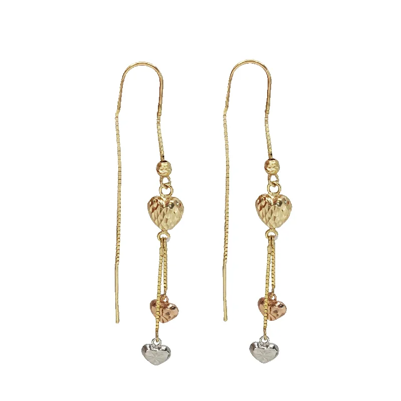 gold hoop earrings for women-Tricolor Heart Dangling Earrings (14K)