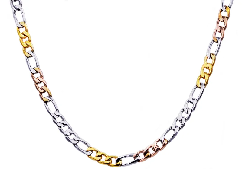 gemstone necklace for women-Mens Tri color Yellow Gold And Gold Stainless Steel Figaro Link Chain Necklace