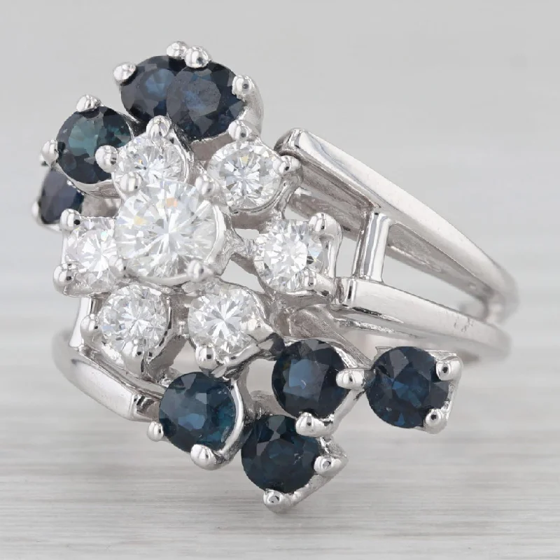 fancy diamond engagement rings for women-2.50ctw Blue Sapphire White Diamond Cluster Bypass Ring 14k White Gold Cocktail