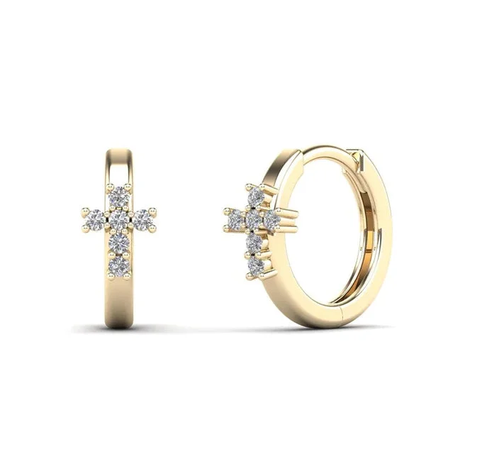 chandelier earrings for women-Diamond Cross Huggie Earrings (14K)