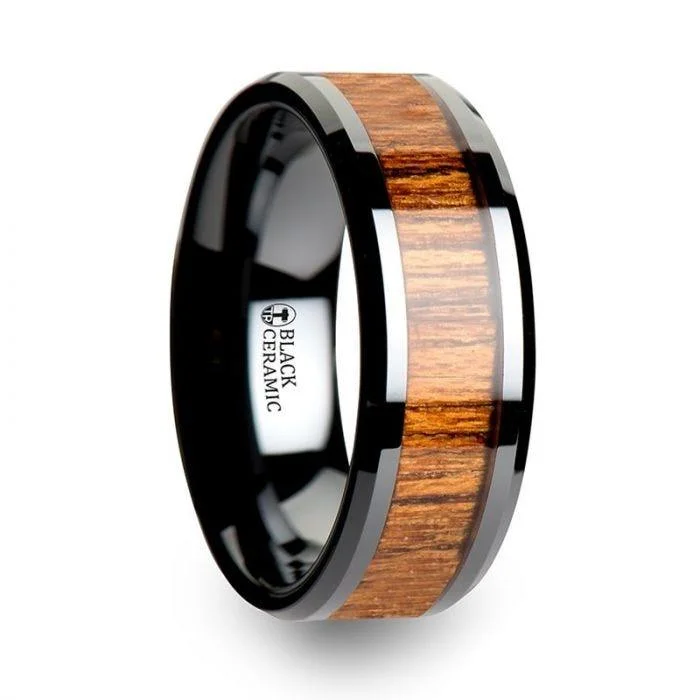 platinum three-stone engagement rings for women-SAGON Black Ceramic Ring with Polished Bevels and Teak Wood Inlay - 6mm - 10mm