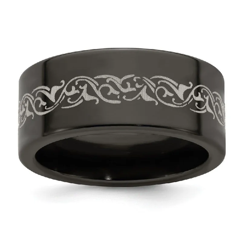 beautiful engagement rings for women-Edward Mirell Titanium Black Ti Flat Laser Patterned 10mm Band