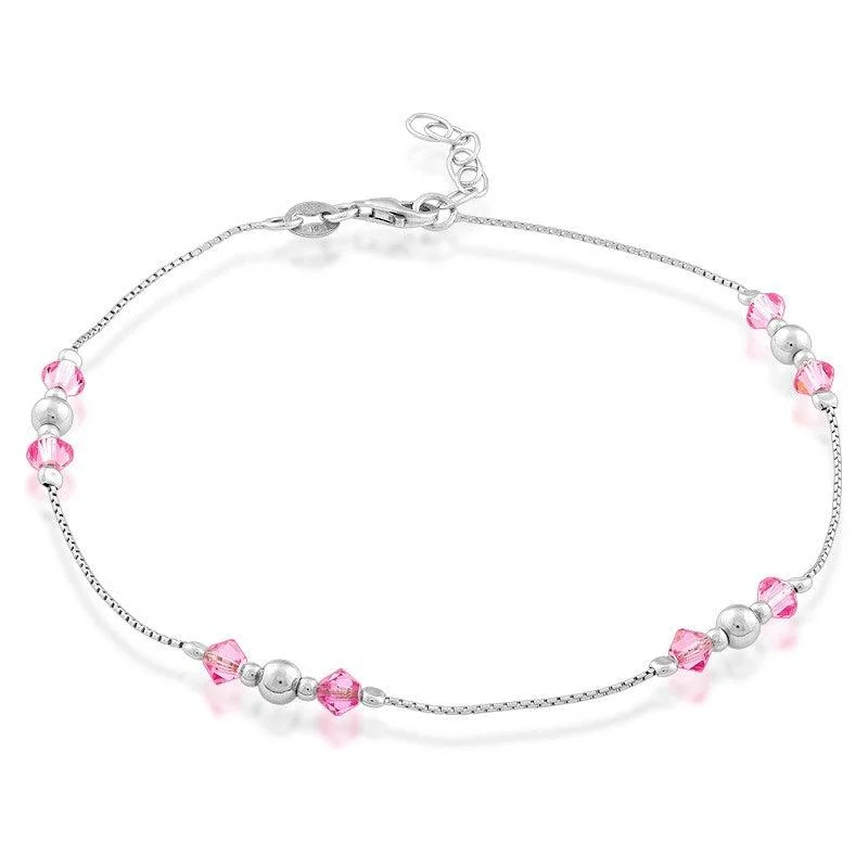 silver ankle bracelets for women-Sterling Silver Beads with Pink Crystals Anklet