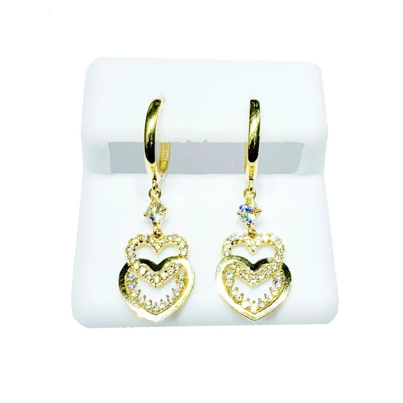 classy earrings for women-Double Heart CZ Earrings (14K).