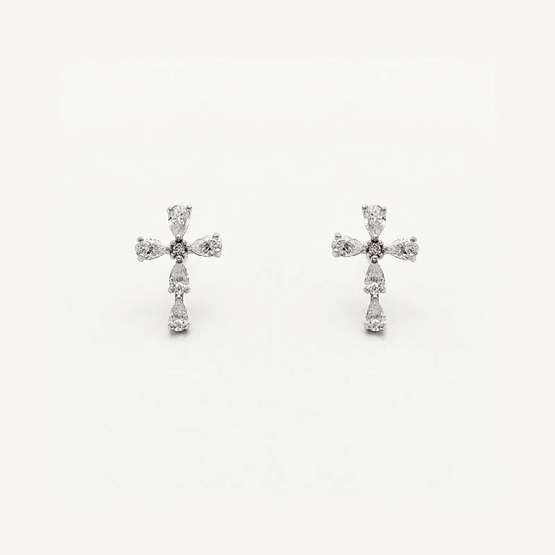 multi-color earrings for women-Stoneset Tapered Cross CZ Stud Earrings (14K)