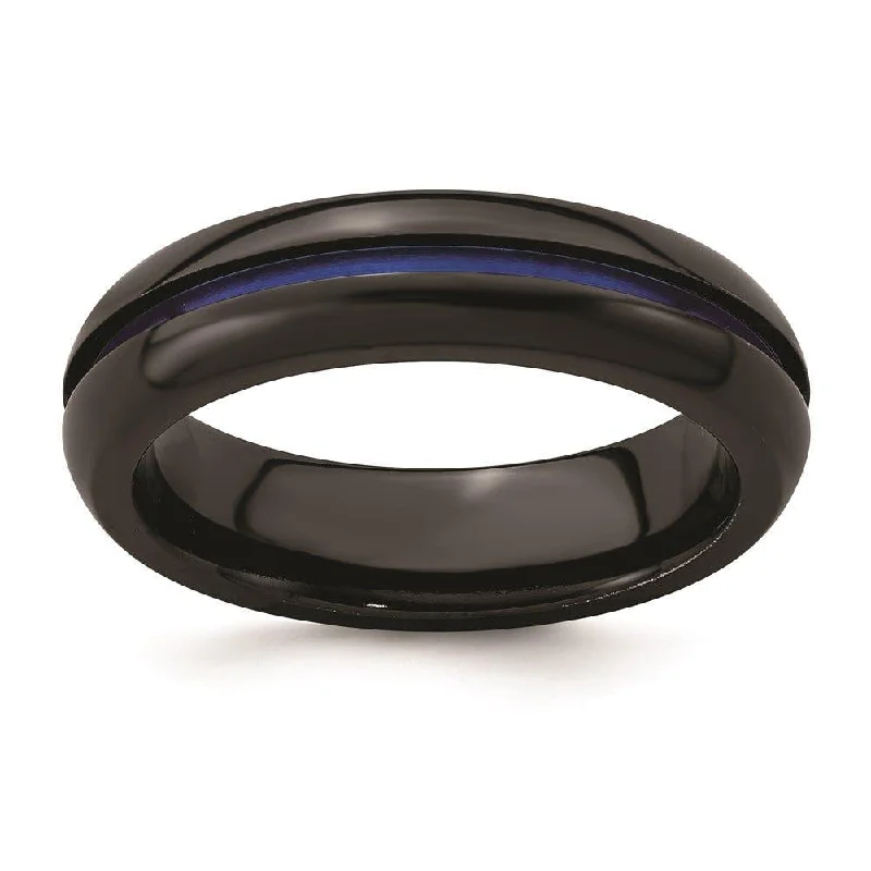 modern engagement rings for women-Edward Mirell Black Ti with Blue Anodized Center Stripe Domed 6mm Band