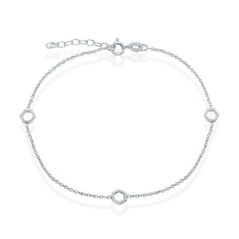 single strand anklets for women-Sterling Silver Open Hexagon Anklet