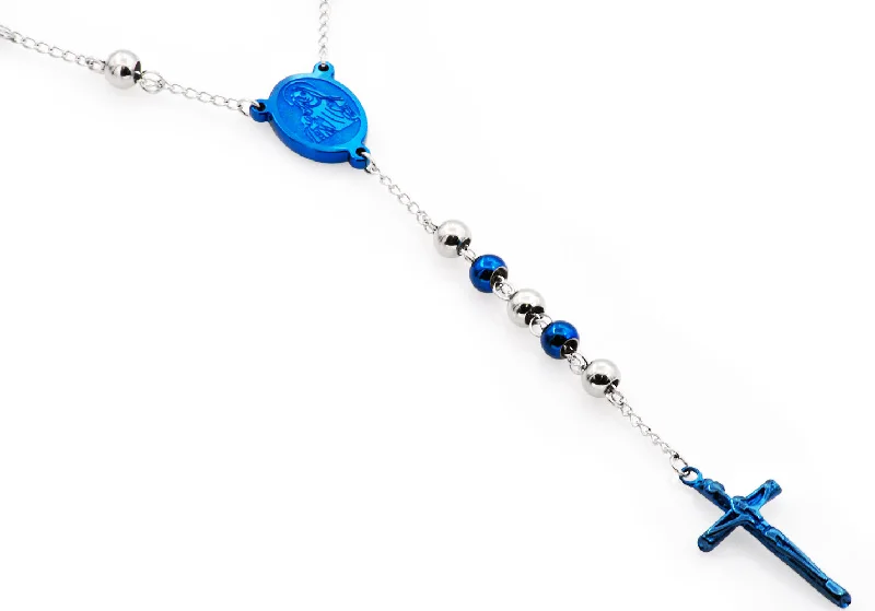 graduation necklace for women-Men's Blue Stainless Steel Rosary Necklace