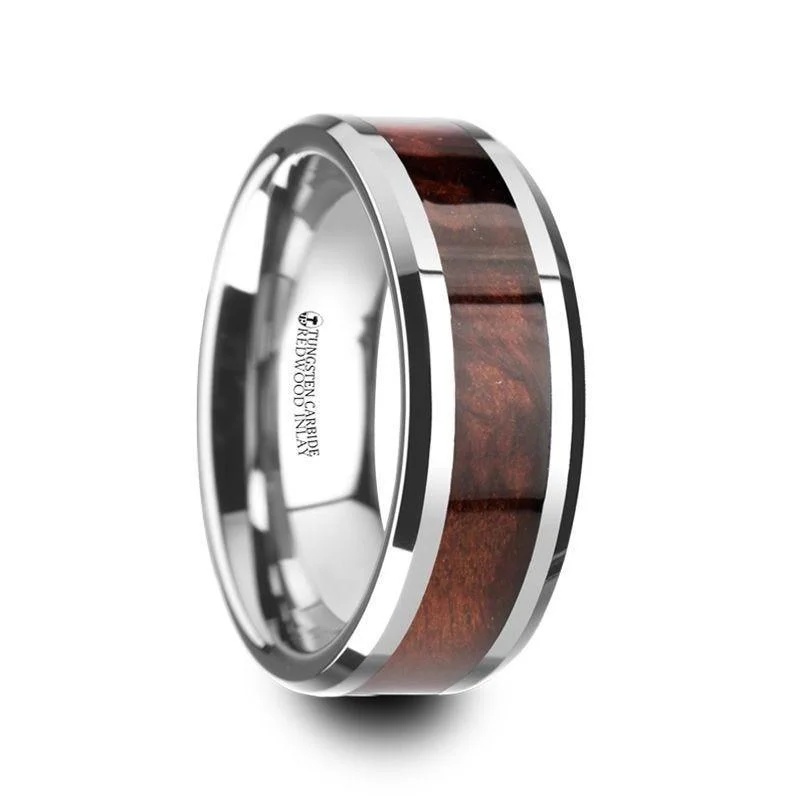 rose gold engagement rings with diamonds for women-AUBURN Red Wood Inlaid Tungsten Carbide Ring with Bevels - 8mm