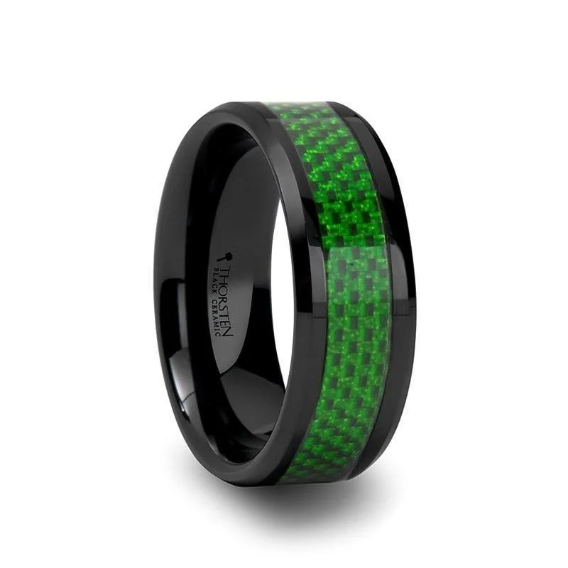 square diamond engagement rings for women-MATLAL Beveled Black Ceramic Ring with Emerald Green Carbon Fiber Inlay - 8mm