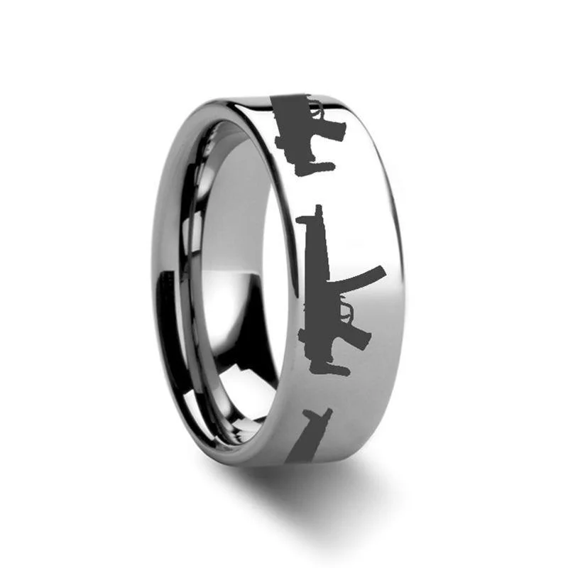 square diamond engagement rings for women-MP5 Firearm Design Engraved Flat Tungsten Ring - 4mm - 12mm