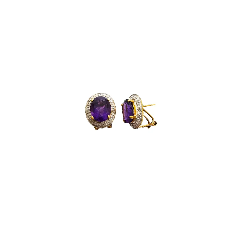 gold earrings for women-Diamond Halo Oval Amethyst Stud Earrings (14K)