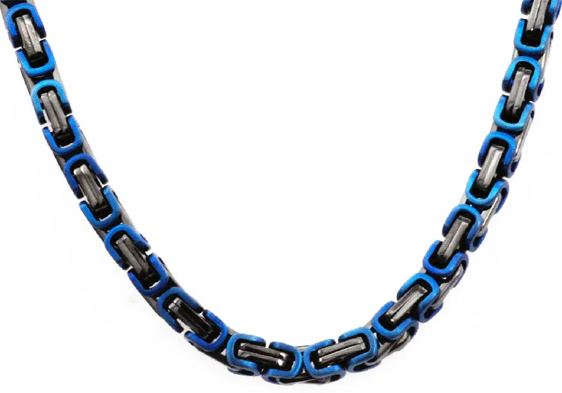 sapphire necklace for women-Mens Black And Blue Stainless Steel Byzantine Link Chain Necklace