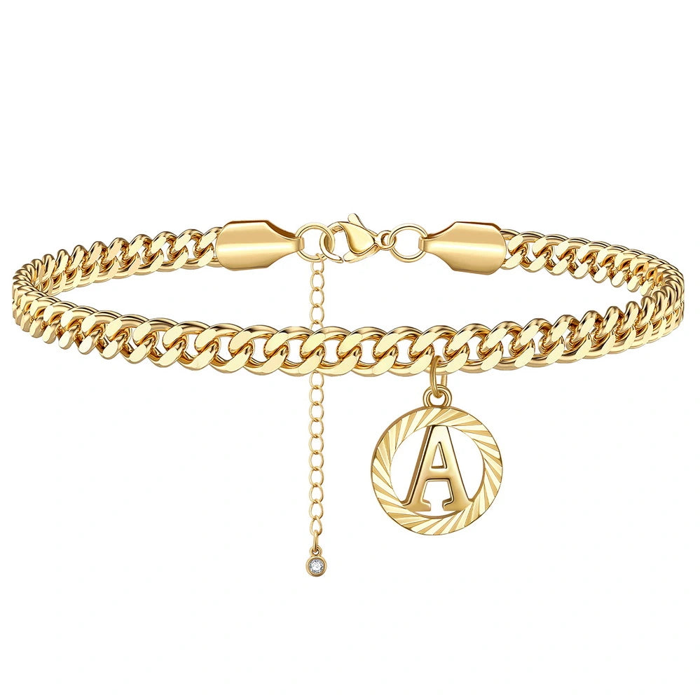 ankle bracelet with crystals for women-14K Gold Plated Cuban Link Anklets with Initial Pendant