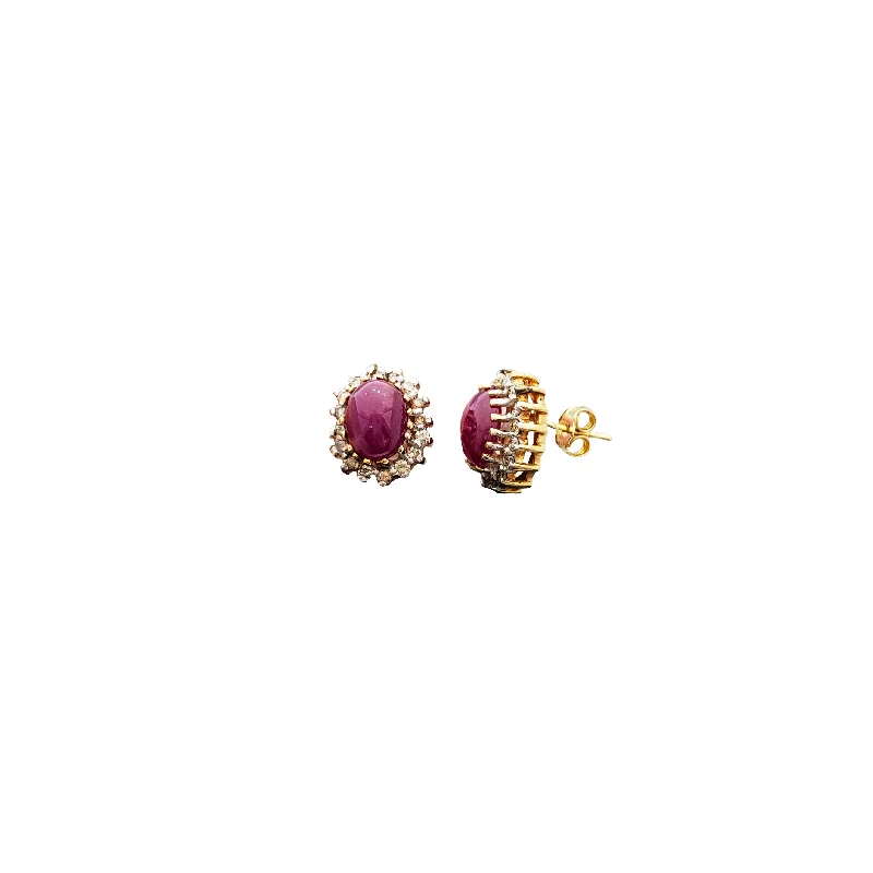 gold stud earrings for women-Oval Shape Diamond & Ruby Stud Earrings (14K)