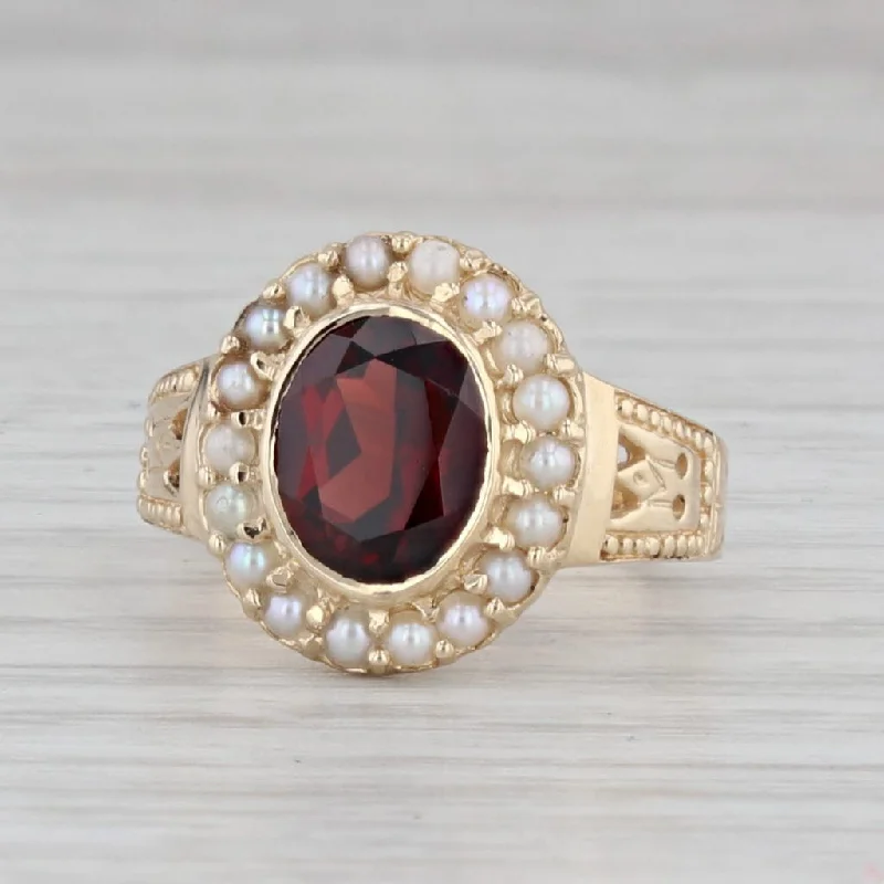 antique engagement rings for women-Vintage 2ct Garnet Seed Pearl Halo Ring 14k Yellow Gold Size 6.5