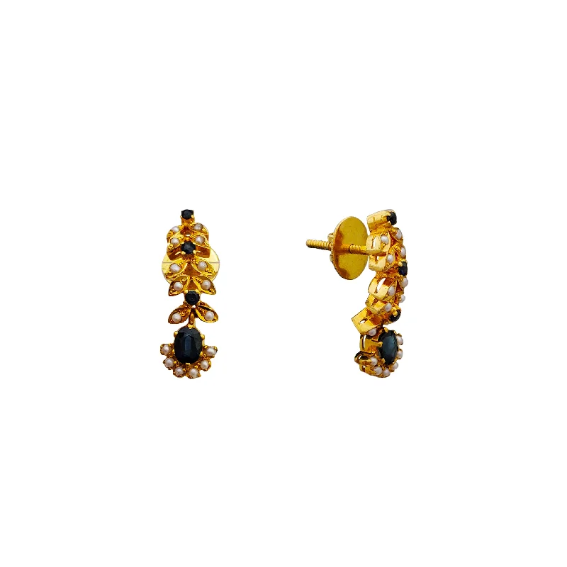 flower earrings for women-Sapphire With Pearl Stud Back Earrings (24K)