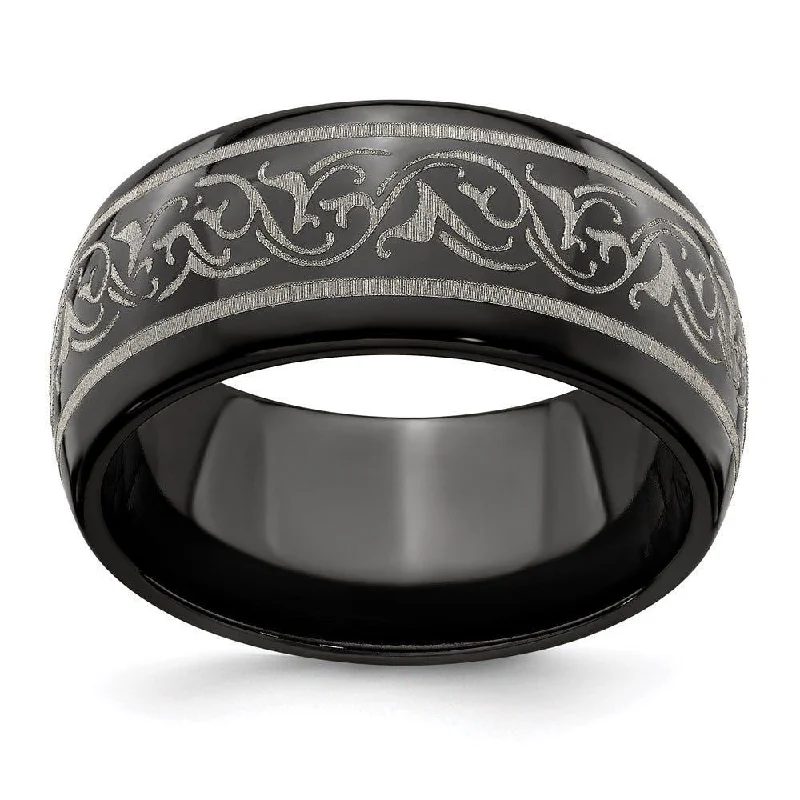 classic engagement rings for women-Edward Mirell Titanium Black Ti Domed Laser Patterned 10mm Band