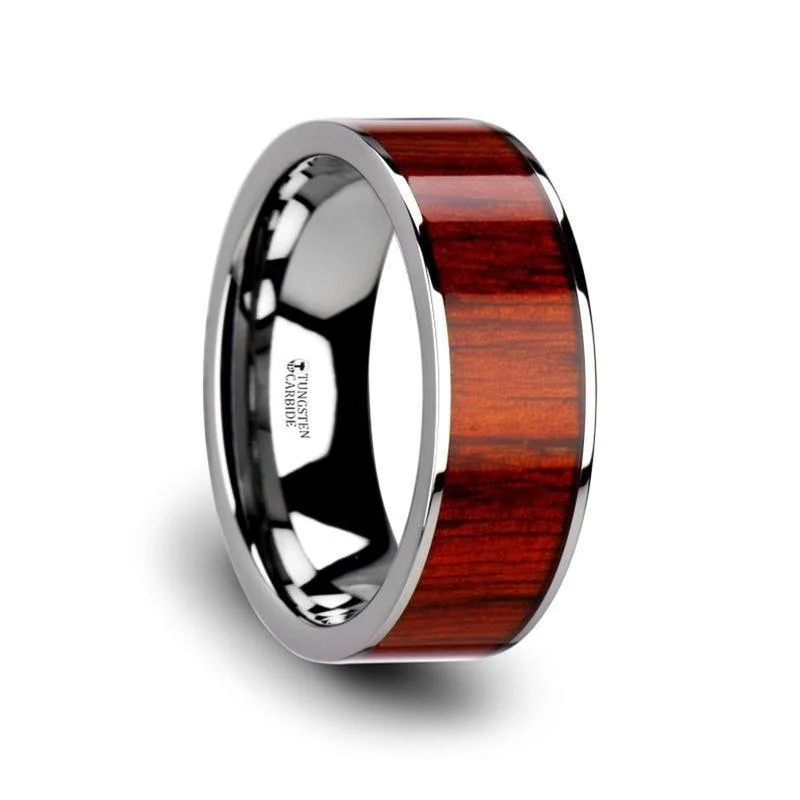 sapphire engagement rings for women-CLAYMORE Flat Tungsten Carbide Band with Exotic Padauk Wood Inlay and Polished Edges - 8mm