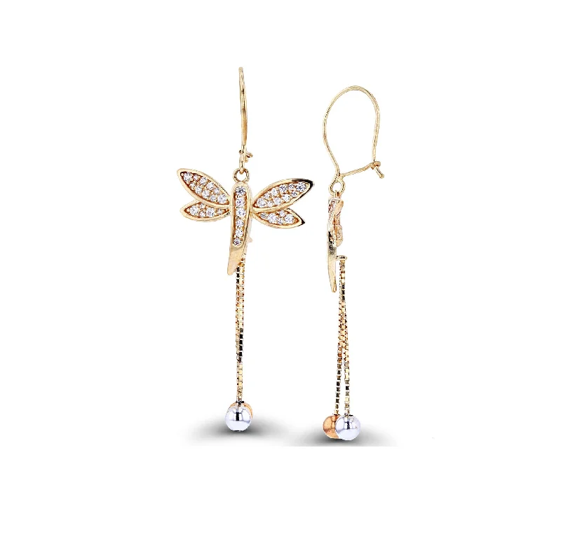 luxury hoop earrings for women-Dragonfly & Ornament Bead Dangling Earrings (14K)