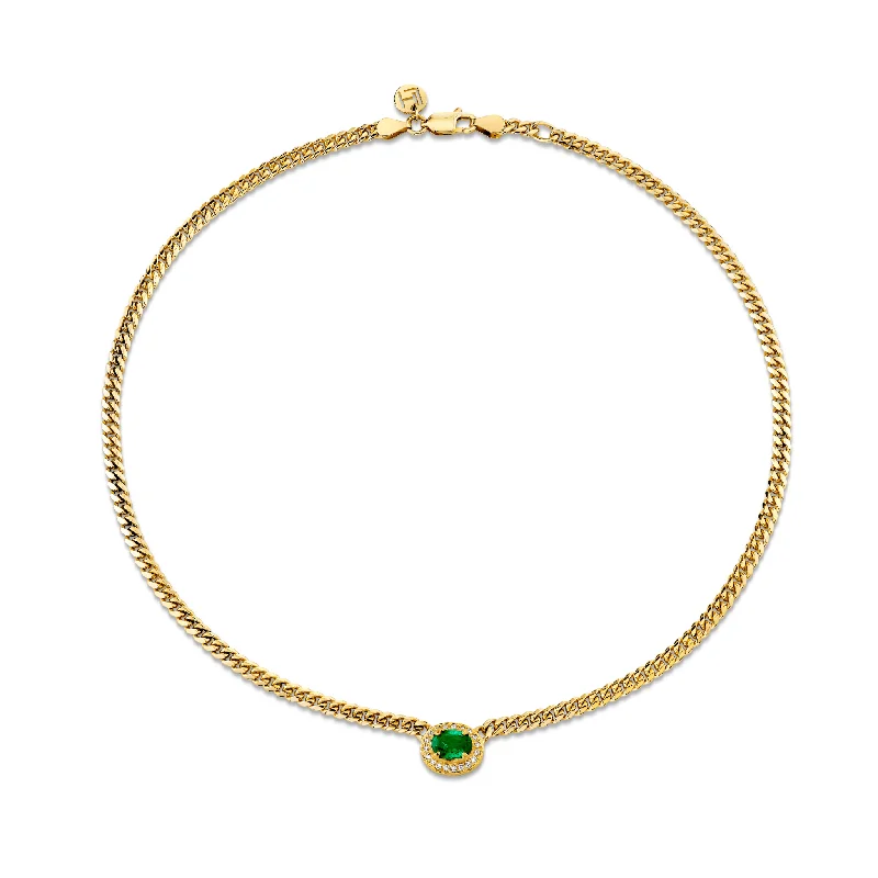 gold necklace for women-Micro Queen Oval Emerald Full Pave Halo on Cuban Chain