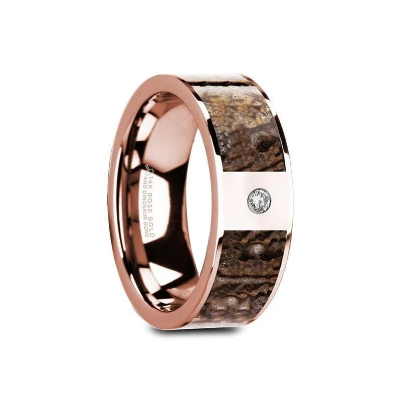 platinum engagement rings for women-GAVINO Flat 14K Rose Gold Ring with Brown Dinosaur Inlay & White Diamond Setting - 8mm