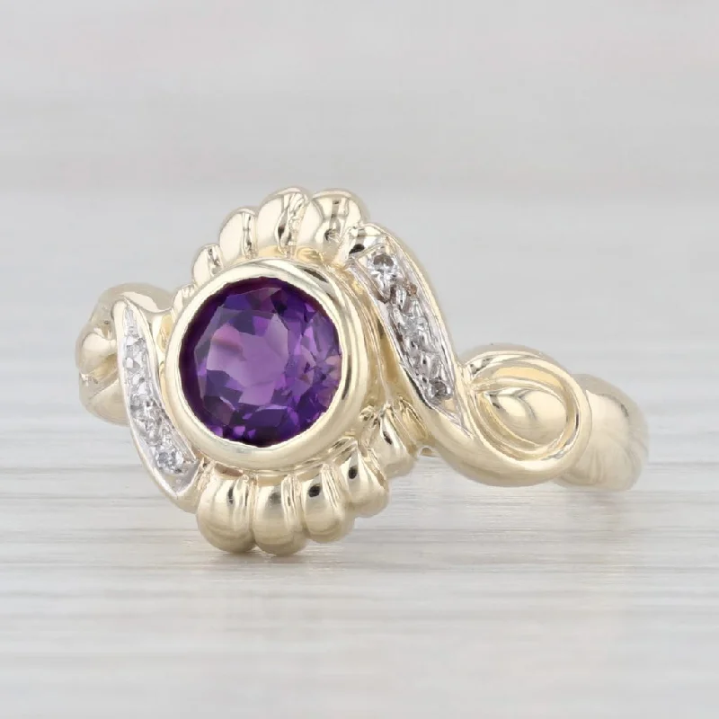 cushion engagement rings for women-0.90ct Round Amethyst Solitaire Ring 10k Yellow Gold Size 6.25 Diamond Accents