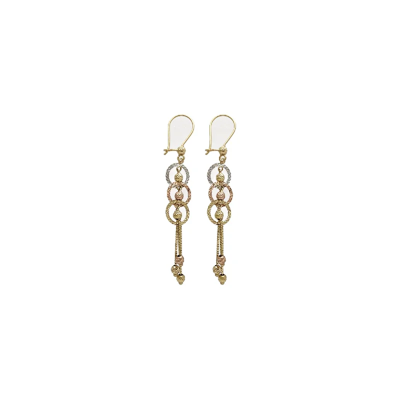 wedding stud earrings for women-Tricolor Circle Trio and Beads Dangle Earrings (14K)