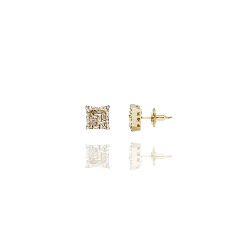 geometric stud earrings for women-Diamond Concave Square Flower Stud Earrings (14K)