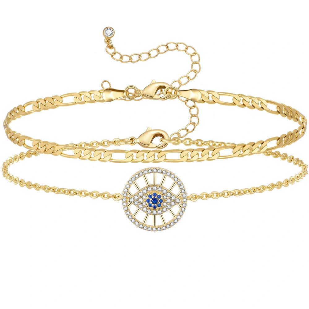 anklets with zirconia for women-Dainty 14k Gold Plated Layering Evil Eye Anklets Set- Round Eyes+Figaro