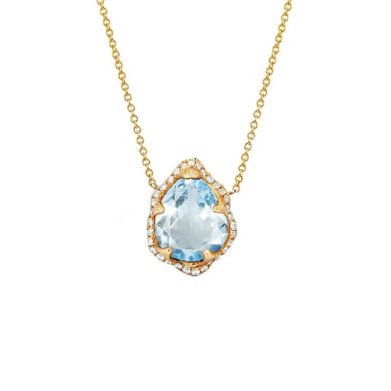 Christmas necklace for women-Baby Queen Water Drop Aquamarine Necklace with Full Pavé Diamond Halo