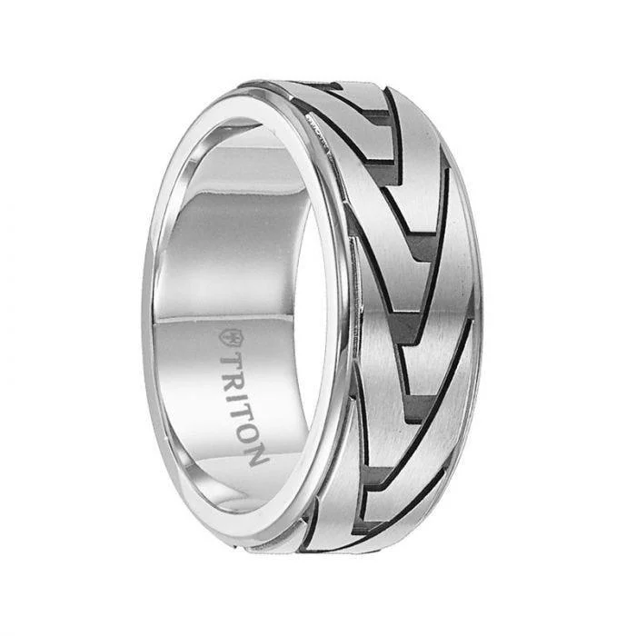 princess cut engagement rings for women-RHYS Stainless Steel Step Edge Comfort Fit Ring with Etched Pattern by Triton Rings - 8.5 mm