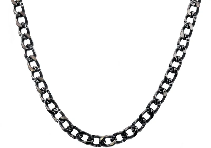 gold plated necklace for women-Mens Gunmetal Stainless Steel Curb Link Chain Necklace With Cubic Zirconia