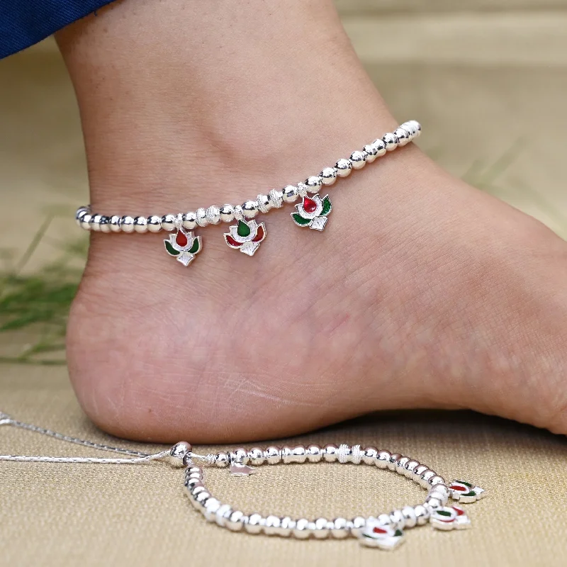 statement anklets for women-Silver Lotus Design with Silver Beads Anklet for Girls