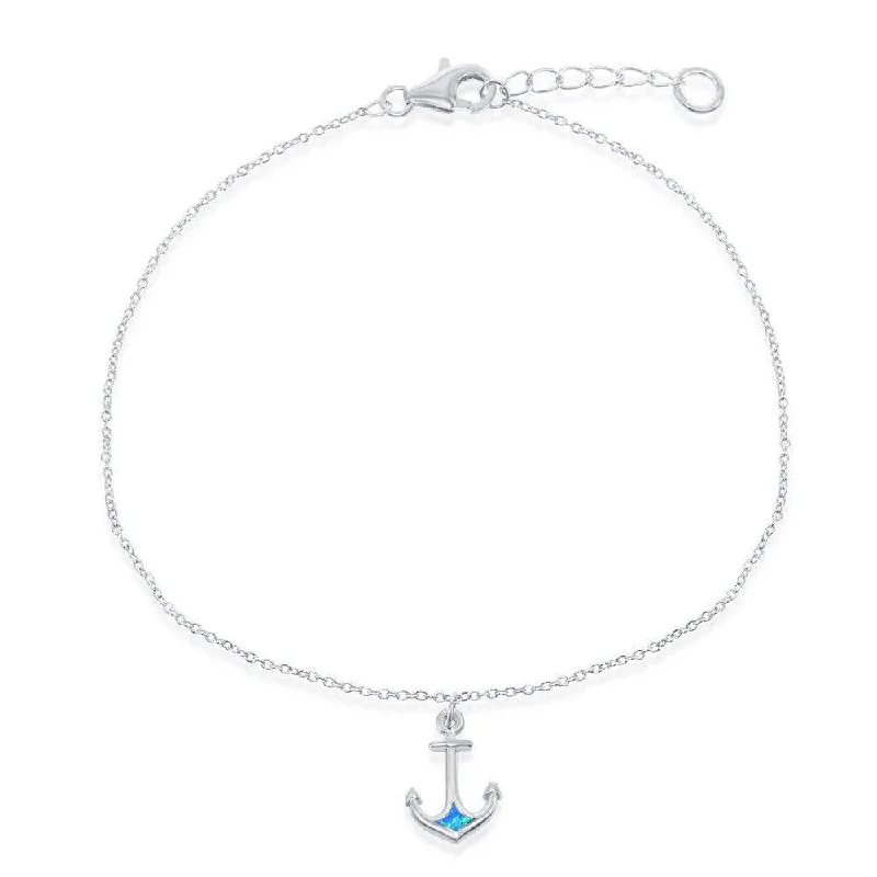 luxury anklets for women-Sterling Silver Blue Inlay Opal Anchor Anklet