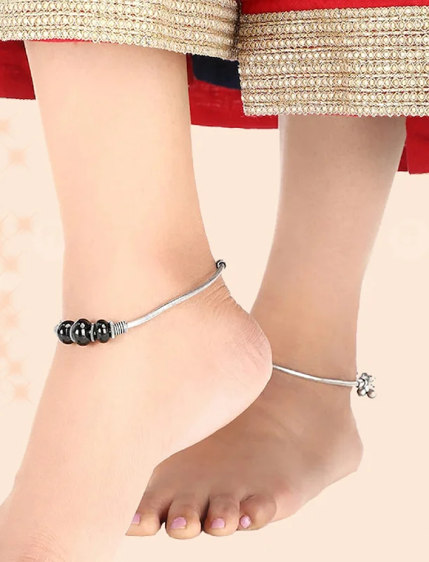 anklets for beachwear for women-Set Of 2 Silver-Toned & Stone Beaded Oxidized Anklets