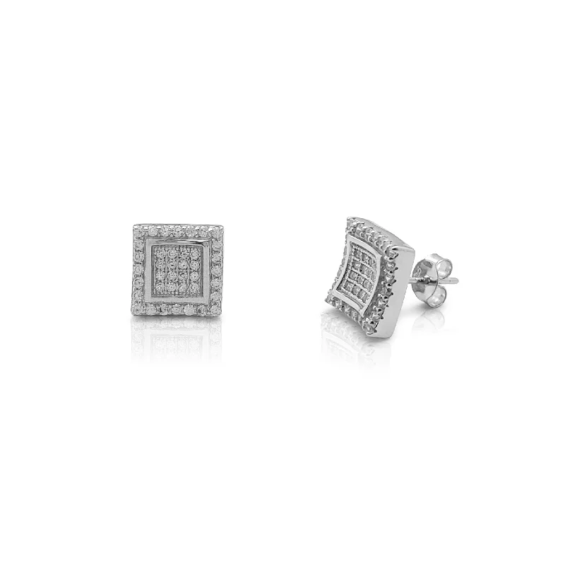 edgy earrings for women-Iced-Out Concave Square Panel Stud Earrings (Silver)