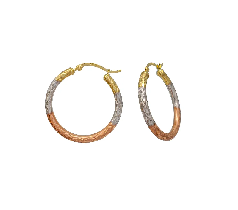 ruby earrings for women-Tri-Tone Diamond-Cut Hoop Earring (14K)