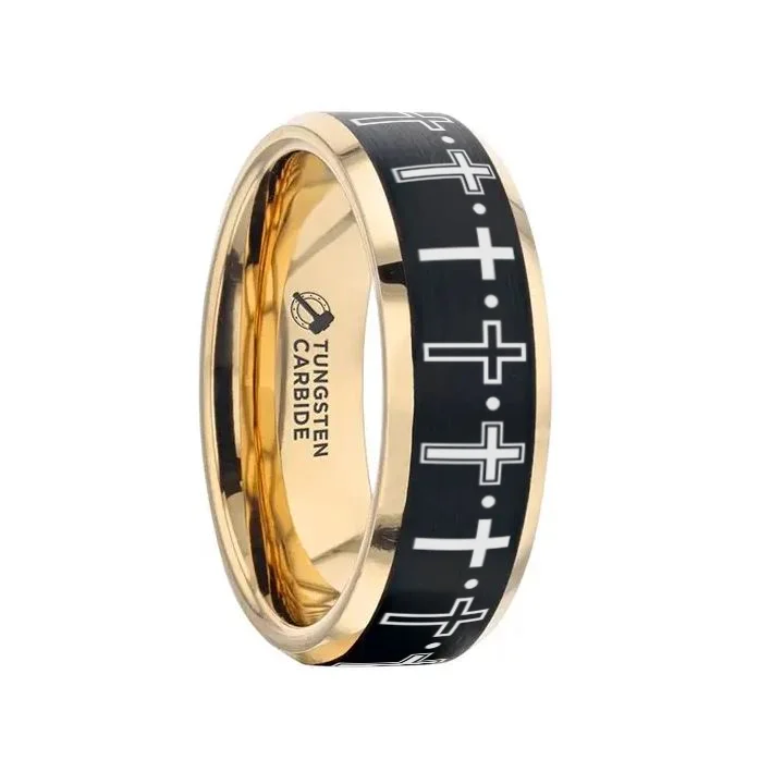 personalized engagement rings for women-MULTIPLE CROSS Engraved Gold Plated Tungsten Polished Beveled Ring with Brushed Black Center