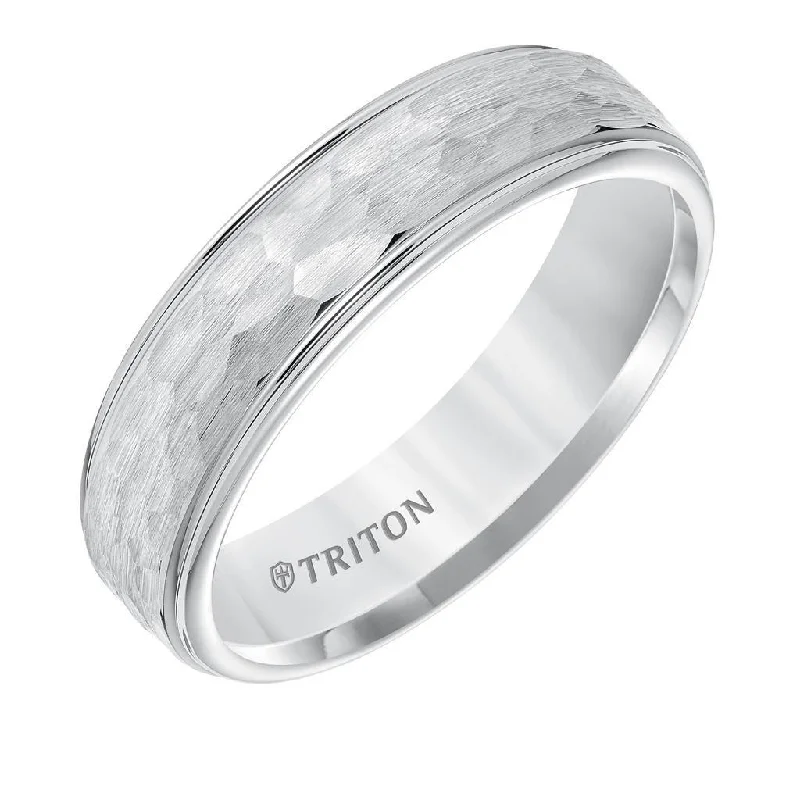 engagement rings with vintage stones for women-BESART White Tungsten Carbide Step Edge Comfort Fit Band with Satin Hammer Texture by Triton Rings - 6mm