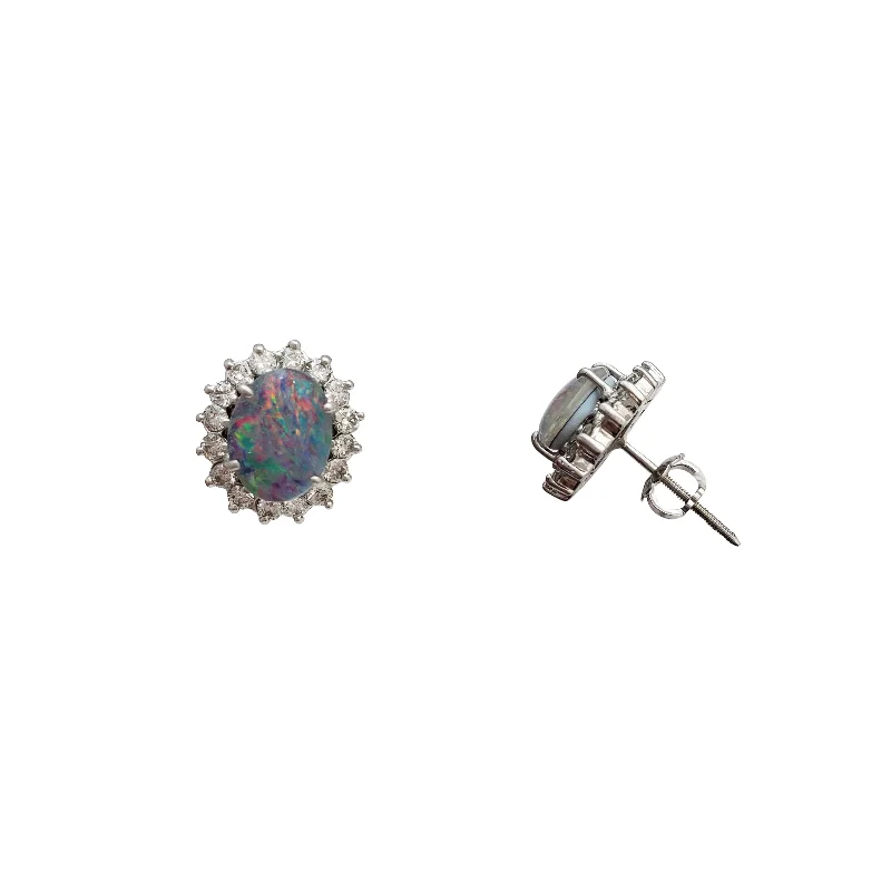 diamond earrings for women-Opal and Diamond Stud Earrings (14K)